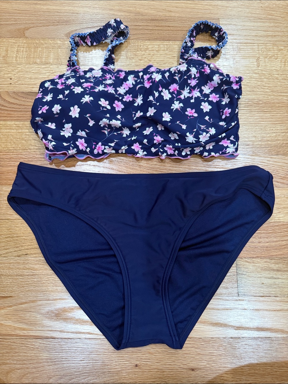 Navy Floral Two-Piece Swimsuit - Pink Accent